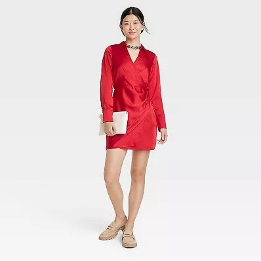 NWT - A New Day - Women's Long Sleeve Satin Shirtdress